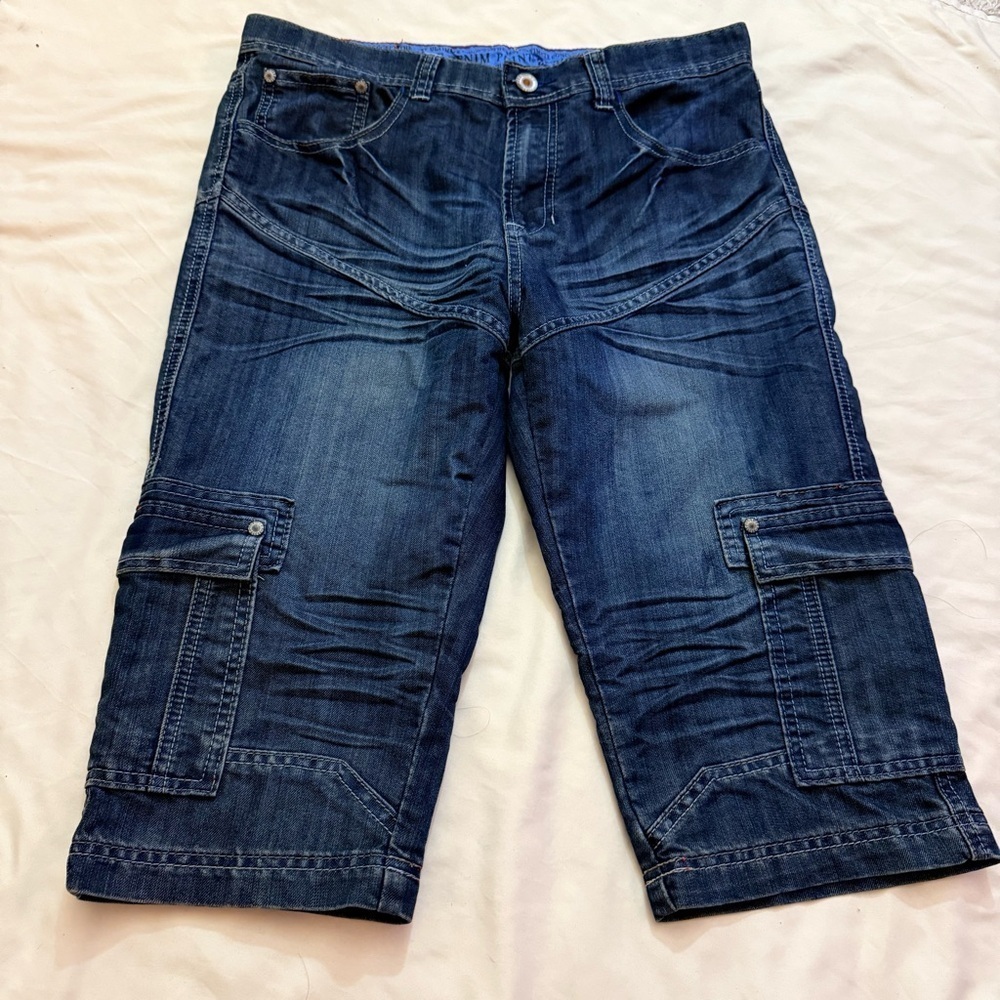 Vintage Point Zero men’s blue denim cargo shorts pants 33/17